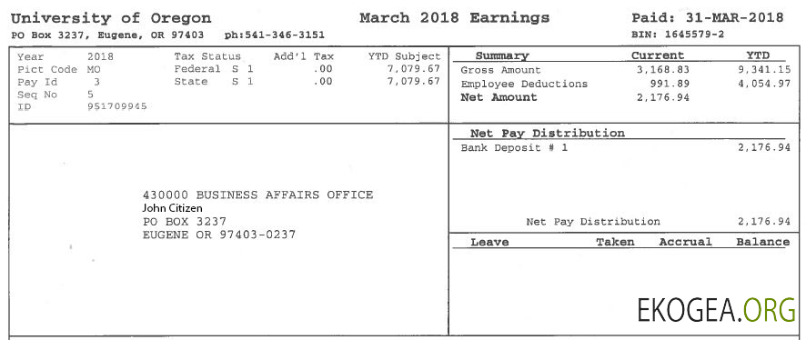 Modèle de fiche de paie de l'UNIVERSITÉ américaine de l'Oregon aux formats Word et PDF